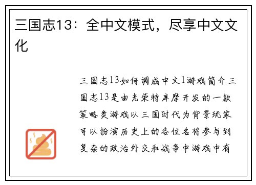 三国志13：全中文模式，尽享中文文化